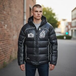 VTG Lot29 Looney Tunes Mens Puffer Jacket Black Bugs Bunny Speedy Gonzales L NEW